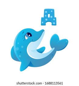 blue cheerful cartoon dolphin vector icon, underwater world of sea ocean isolated on white background, t-shirt printing template eps 10 big eyes illustration small gregarious toothed whale russian abc