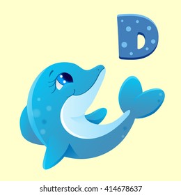 blue cheerful cartoon dolphin vector icon, underwater world of sea ocean isolated on white background, t-shirt printing template eps 10, big eyes illustration small gregarious toothed whale latin abc 