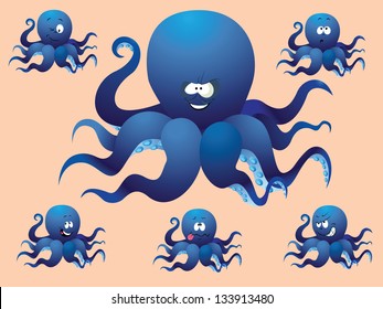 Blue cheerful cartoon octopus, with a different face. Vector illustration, a set of pictures.