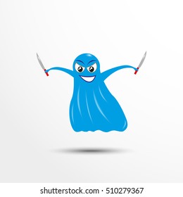 Blue cheerful ghost. Vector illustration of an animated style.