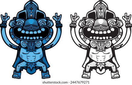 blue cheerful warrior making horns with fingers