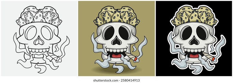 Blue Cheese Inside Skull Head With Smoking Character Cartoon. Black White, Colorful and Sticker Style. For T shirt print, Brand Logo, Label and Mascot product. Vectors Illustrations