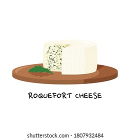 Blue cheese isolated on white background. Roquefort cheese on a wooden tray vector illustration.