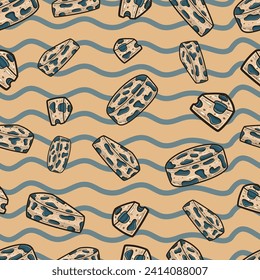Blue Cheese Seamless Pattern in Cartoon Style. Perfect For Background, Backdrop, Wallpaper and Cover Packaging. Vector Illustration.