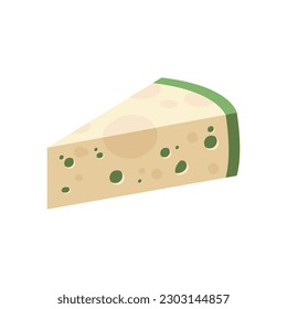 Blue cheese triangle vector illustration. Cartoon isolated isometric geometric badge of cheese piece with holes, healthy green mold inside slice and wedge, supermarket product and breakfast snack