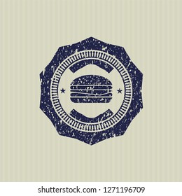 Blue cheeseburger icon inside distress rubber grunge stamp