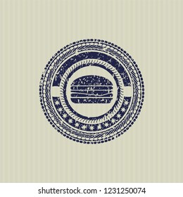 Blue cheeseburger icon inside distressed grunge style stamp