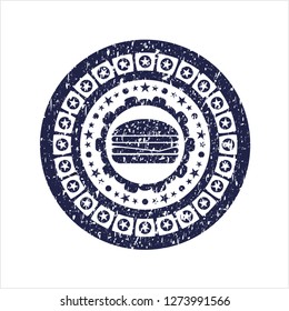 Blue cheeseburger icon inside distressed rubber grunge seal
