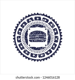 Blue cheeseburger icon inside rubber grunge texture stamp