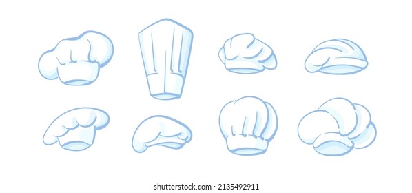 Blue chef, flat hat. Vector set. Collection of symbols isolated on white background. Different cook's cap