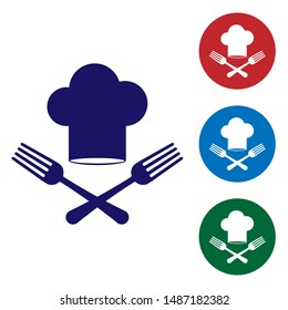 Blue Chef hat and crossed fork icon isolated on white background. Cooking symbol. Restaurant menu. Cooks hat. Set color icon in circle buttons. Vector Illustration