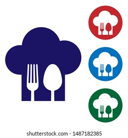 Blue Chef hat with fork and spoon icon isolated on white background. Cooking symbol. Restaurant menu. Cooks hat. Set color icon in circle buttons. Vector Illustration