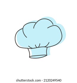 Blue chef hat icon, hand drawn vector illustration. Line headdress isolated on white background