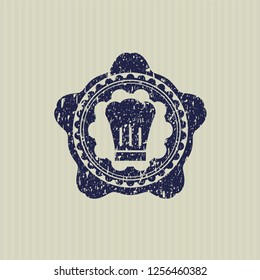Blue chef hat icon inside distressed rubber stamp with grunge texture