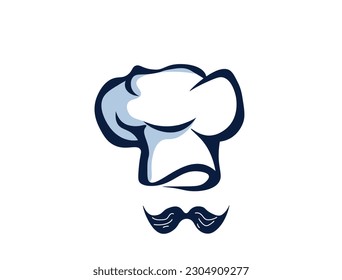 Blue Chef Hat With A Mustache Logo. Chef s hat vector icon