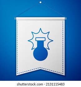 Blue Chemical experiment, explosion in the flask icon isolated on blue background. Chemical explosion in a test tube. White pennant template. Vector