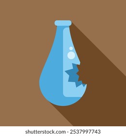 Blue chemical flask with a large crack, creating a visually striking representation of a laboratory accident or scientific mishap