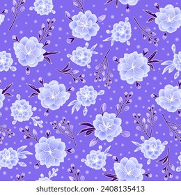 blue cherry blossom seamless pattern. ditsy Sakura floral print. Botanical flower background. good for fabric, fashion design, textile, kimono, summer dress, wallpaper, pajama, clothing.