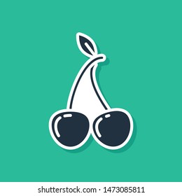 Blue Cherry icon isolated on green background. Fruit with leaf symbol.  Vector Illustration