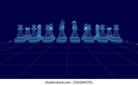 Blue chess board with a row of blue chess pieces. The chess pieces are arranged in a row, with some of them being closer to the viewer and others further away