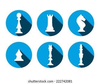 Blue chess icons with long shadow. Hand drawn chess shapes