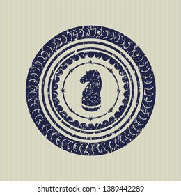 Blue chess knight icon inside distress grunge stamp