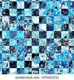 Blue chess seamless pattern with frozen effect. Abstract vector background for web page, banners backdrop, fabric, home decor, wrapping
