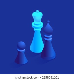 Blue chess set icon in isometric view. Chessmen pieces bishop, knight and pawn. Business metaphor of competition, strategic sports game concept. Vector illustration isolated on white background