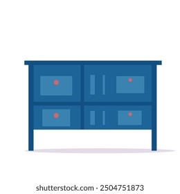 Cajonera azul, juego de mesita de noche. Icono de muebles de Vector en diseño plano. Aparador texturizado de madera, cómodo. Equipo de la casa para el dormitorio, sala de estar aislada sobre fondo blanco.