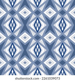 Blue Chevron Seamless Pattern with Tribal Shape. Pattern designed in Ikat, Aztec, Moroccan, Thai, Luxury Arabic Style. Ideal for Fabric Garment, Ceramics, Wallpaper. Vector Illustration.