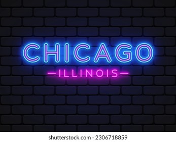 Blue chicago neon in vintage style on light background. Poster design element. Typography design. Creative banner, label vector. Vector graphic illustration