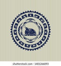 Blue chicken dish icon inside distressed rubber grunge seal