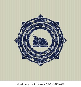 Blue chicken dish icon inside rubber stamp with grunge texture
