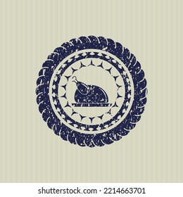 Blue chicken dish icon inside distress grunge seal. 