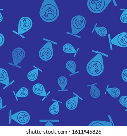 Blue Chicken farm and location icon isolated seamless pattern on blue background.  Vector Illustration