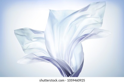 Blue chiffon elements, flying cloth on blue background in 3d illustration