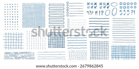 Blue childish drawn crayon grids, stripes, checkbox. Textured school lined, checkered and dotted page, checklist, bullet journal sheets vector elements