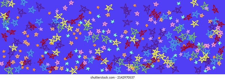 Blue Childish Green Vibrant Dark Bright Kids Orange Background. Pastel Pink Multicolor Naive Colorful Yellow Chaotic Picture. Turquoise Mint Rainbow Violet Red Vivid Purple Handdrawn Stars.