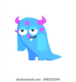 Blue Childish Monster With Hornsr Flat Cartoon Style Isolated Vector Design Print On White Background