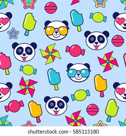 blue childish seamless pattern with panda and lollipops