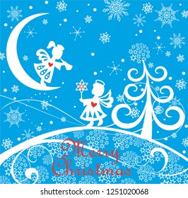 Blue childish Xmas greeting card with paper cutting little angels, snowflakes, tree and Christmas star