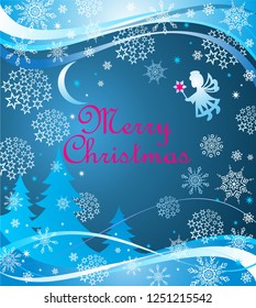 Blue childish Xmas greeting magic banner with paper cutting little angel with Christmas star, snowflakes, baubles, firs and crescent
