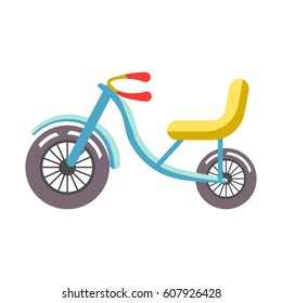Blue children bicycle with yellow seat isolated on white. Big and small dark wheels, bike rudder with red handles. Vector illustration of transportation vehicle for children in cartoon style
