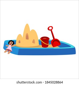 Blue Children S Sandbox With Sand Inside, Toys And Sand Castle. Childrens Illustration In Cartoon Style Isolated On White Background