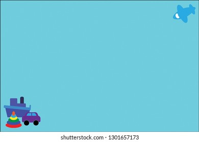 Blue children's background for boys, toys: pyramid, car, plane and ship