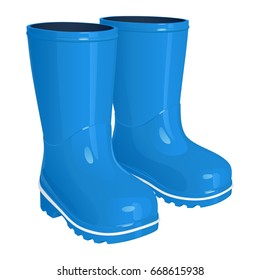 Blue children's rubber boots on thick corrugated soles, isolated on white background, vector illustration