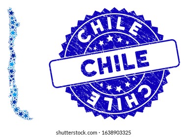 Blue Chile map composition of stars, and textured rounded stamp. Abstract territory scheme in blue color tones. Vector Chile map is created of blue stars.
