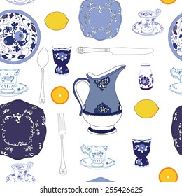 Blue China Plates With Lemon And Oranges-seamless Pattern