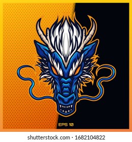 Blue Chinese esport and sport mascot logo design in modern illustration concept for team badge, emblem and thirst printing. Blue Chinese dragon illustration on Gold Background. Vector illustration