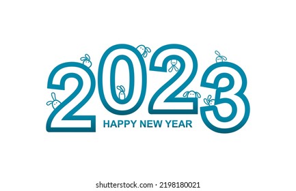 Blue chinese happy new year 2023, year of the rabbit cute doodle cartoon on white background flat vector design.